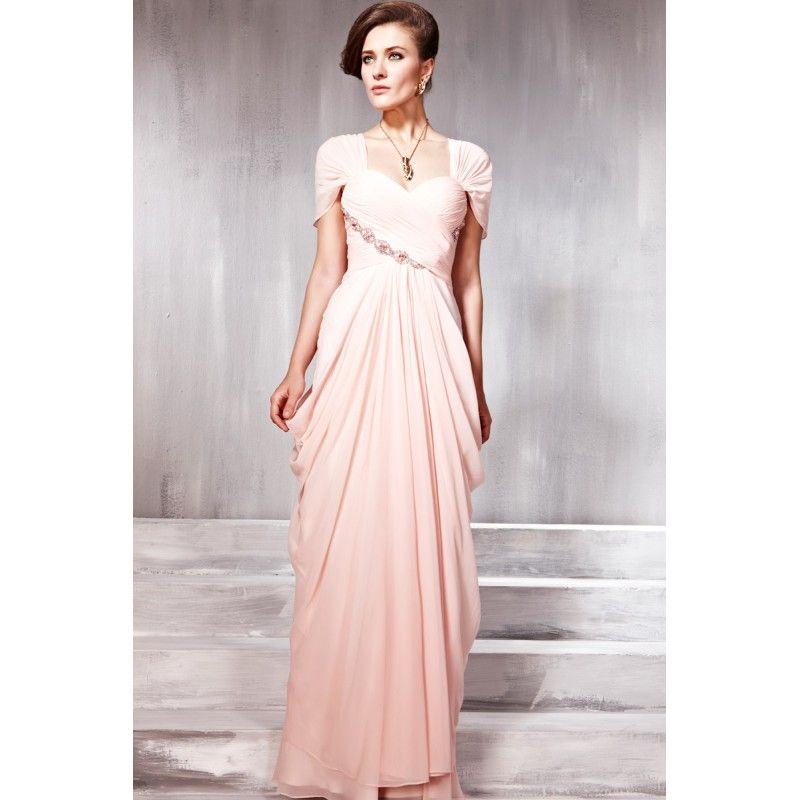 A Line Sweetheart Floor Length Pink Chiffon Short Sleeve Evening Dresses Beads Pleated Modest Prom Dresses Sexy Evening Gowns