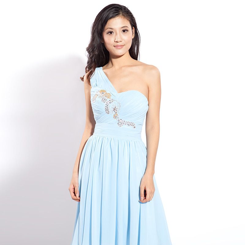 Noble One Shoulder Sky Blue Ruffles Chiffon Knee-Length Bridesmaid Dresses Prom Party Gowns
