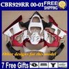 7gifts Free Customized For HONDA CBR929RR 00 01 CBR 929 929RR Red white black MF658 900RR CBR900RR CBR929 RR 2000 2001 NEW Red Fairing Body