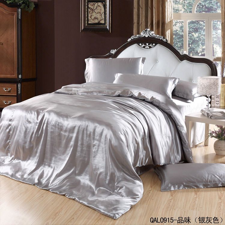 Grey Silver Silk Satin Bedding Set King Size Queen Quilt Duvet Cover Grey Silver Silk Satin Bedding Set King Size Queen Quilt Duvet Cover Bed In A Bag Sheets Bedsheet Bedspread Bedroom Linen Brand Home Texile Bedclothes