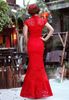 Китайские красные свадебные платья кружева Cheongsam партии платья иллюзия высокой шеи покрыты с короткими рукавами русалка свадебные платья дешевые высокое качество