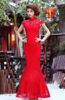 Kinesiska Röda Bröllopsklänningar Lace Cheongsam Party Gown Illusion High Neck Capped Short Sleeves Mermaid Bridal Gowns Billiga Hög kvalitet