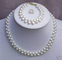 Neue Feine echte Perle Schmuck Set natürliche 7-8mm natürliche weiße rosa kultiviert Akoya Perlen Halskette Armbänder Ohrring
