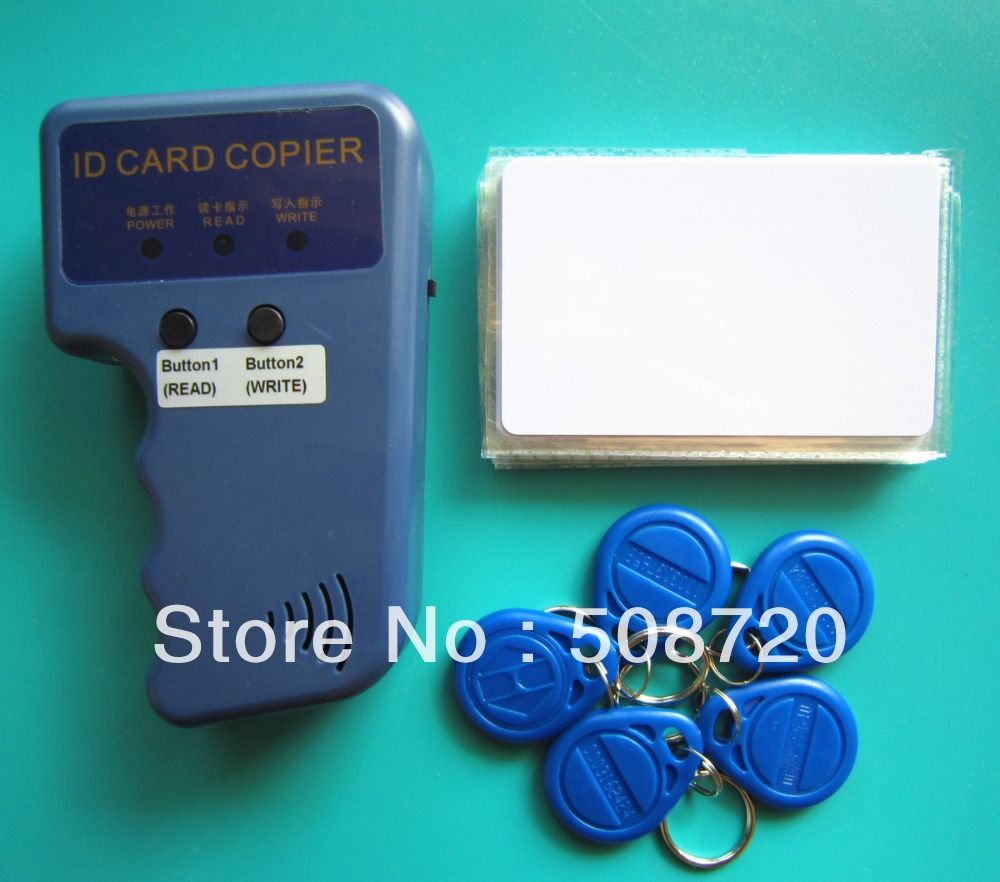Duplicatore portatile RFID Copiatrice per carte 125KHZ + 5 etichette riscrivibili EM4305 + 5 carte riscrivibili T5577