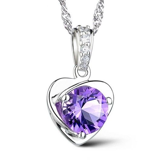 Chinois Occident Style 925 Collier en argent Sterling Sterling Love Charme Floating Link / Purple Autrichien Cristal Pendentif Colliers 