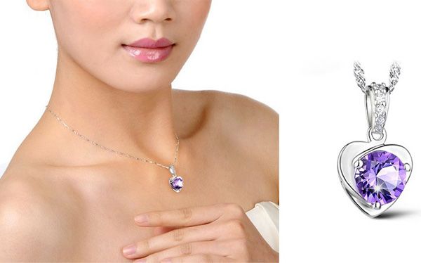 Chinois Occident Style 925 Collier en argent Sterling Sterling Love Charme Floating Link / Purple Autrichien Cristal Pendentif Colliers 