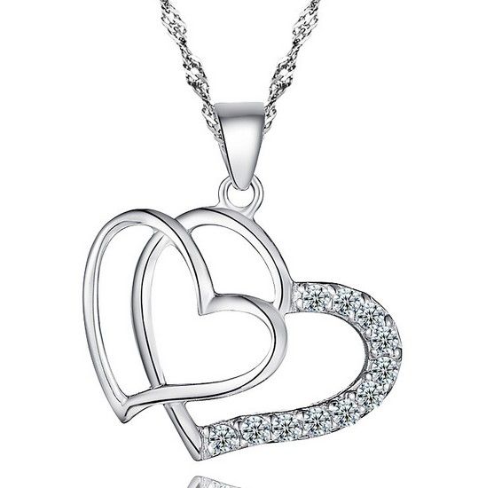 

Heart Women Pendant Necklace 925 Silver Love Charm Exaggerated Double Heart Necklace Crystal Pendant Jewelry For Ladies Fashion Freeshipping