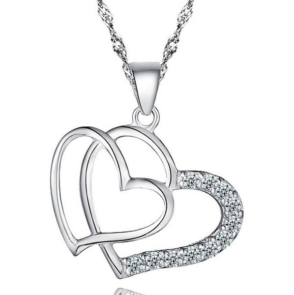 

Сердце Женщины Кулон Ожерелье 925 Серебро Любовь Шарм Преувеличены Двойной Сердце