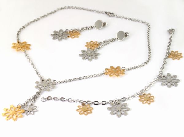 

New gold silver tone flowers jewelry set stainless steel Jewelry women necklace & bracelet & earring, Goden