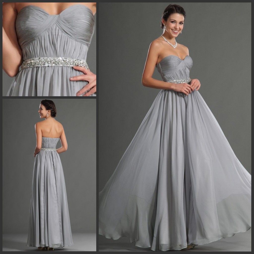 Silver Grey Bridesmaid Dresses Long Prom Klänning Med Beading Sash