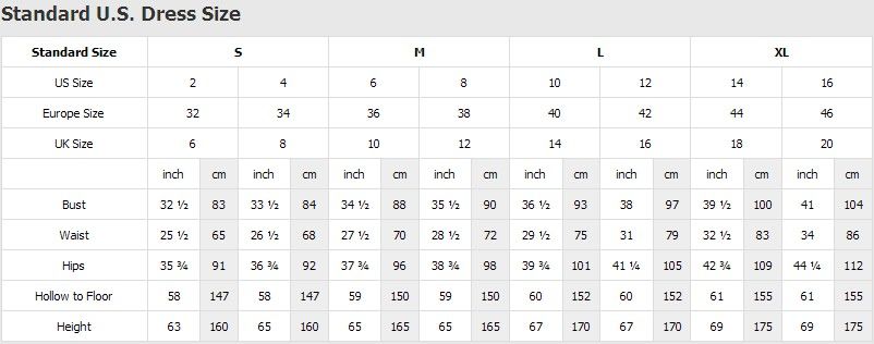 Formal Dress Size Chart