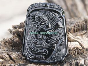 Natural dark green jade. Hand-carved (trapezoidal) pendant. Amulet Phoenix dance, pendant necklace. 51x38x4mm