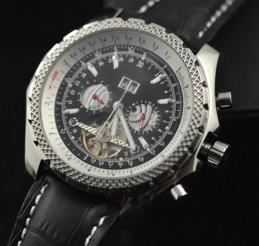 

Automatic Luxury Swiss Men Mechanical Watch free shipping tourbillon black dial leather Stainless watches dive Sport Mens antique Wristwatch, Slivery;brown