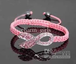 Wholesale - Mixed Color White & Pink Crystal Pink Ribbon Breast Cancer Awareness Bracelet Gift 50pcs/lot