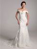 New Luxury Trumpet/Mermaid Off-the-shoulder Organza Side-Draped, Beading, Crystal Brooch, Appliques Over Satin Wedding Dress