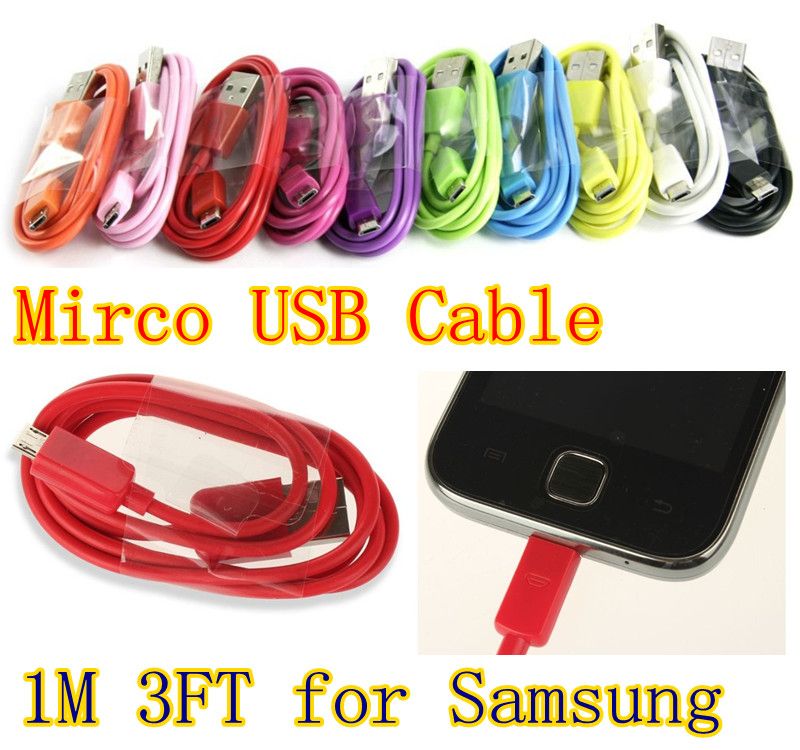 Coloré 1m 3ft 5pin V8 Micro USB Data Sync Charger Câble de chargement Universal pour Samsung S3 / HTC Blackerry USB Câble pour l'usine