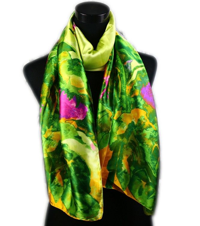 1 stks Damesmode Satijn Groene Bladeren Sjaals En Roze Bloem Olieverf Lange Wrap Shawl Strand Zijden Sjaal 160X50 cm