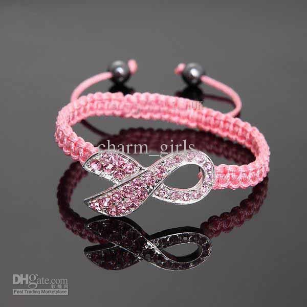 10pcs* Pink Rhinestone Crystal Ribbon Charms Breast Cancer Awareness Macrame Adjustable Bracelets