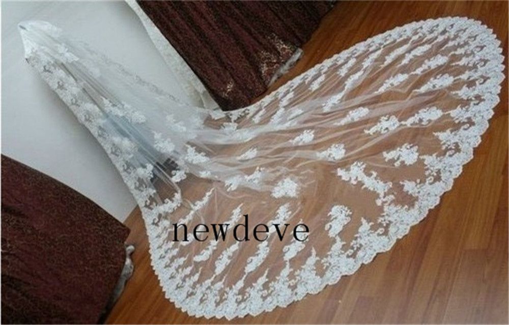 New Custom Made Bridal Wedding Veils Two Layers Ivory Lace Applique Purfle Free Comb Custom Made Chapel Veils