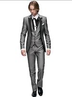Wholesale Custom Made Groom Tuxedos Light Grey Peak Black Lapel Best man Groomsman Men Wedding Suits Prom Form Bridegroom Jacket Pants Tie Vest J37