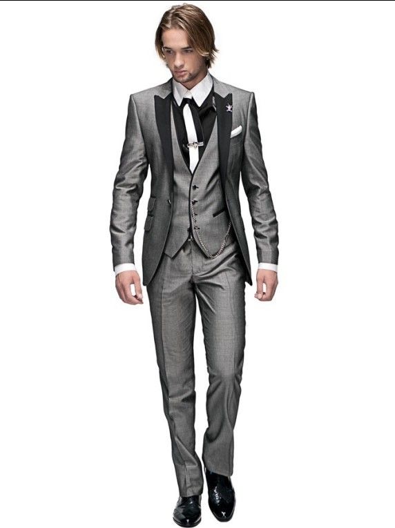 Smoking da sposo su misura Grigio chiaro Picco Risvolto nero Best man Groomsman Uomo Abiti da sposa Prom / Form / Sposo (giacca + pantaloni + cravatta + gilet) J37