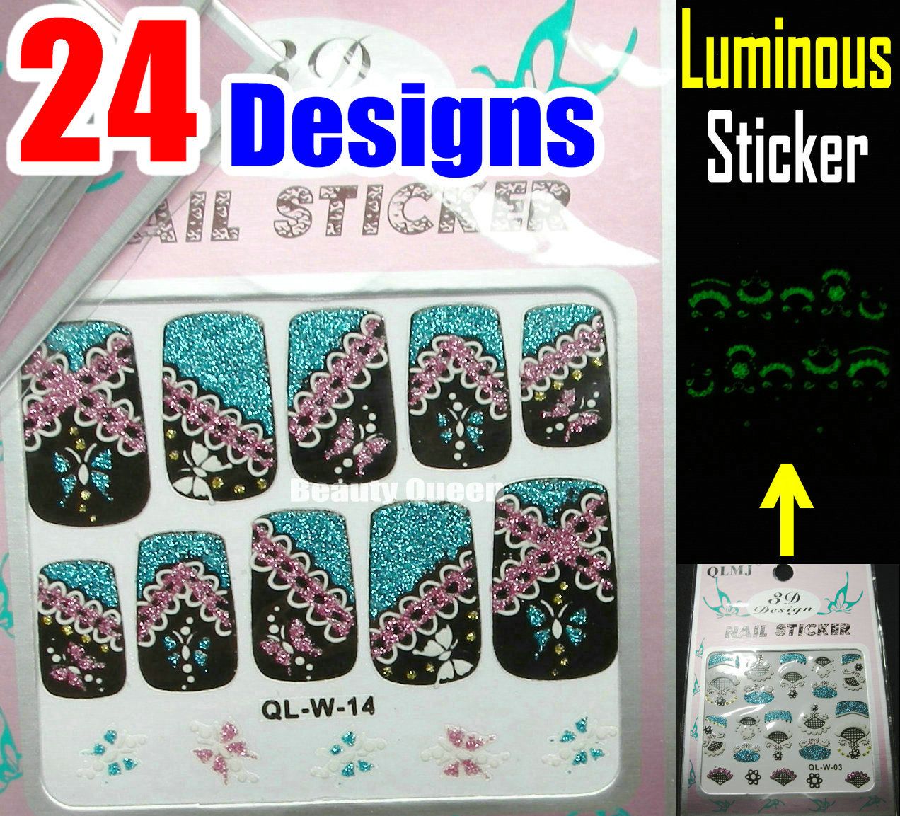

* Luminous * 24 style Pretty Cure Sparkle 3D Nail Decal Korea Acrylic Lace Designs Full French Glitter Nail Art Sticker Tips Tip Decoration, Variety