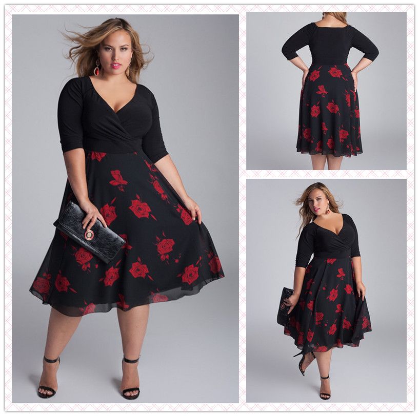 Hot New Elegant A Line V Neck 1/2 Sleeve Tea Length Plus Size Chiffon