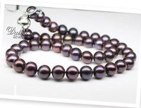 Nueva joyería de perla fina rara tahitian 9-10mm Mar del sur redondo negro púrpura perla collar de perlas de 19 pulgadas de cierre de plata