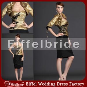 Black and Gold Knee Length Short Mother of the Bride Dresses with Jacket Beaded Black Appliques Half Sleeved Bolero