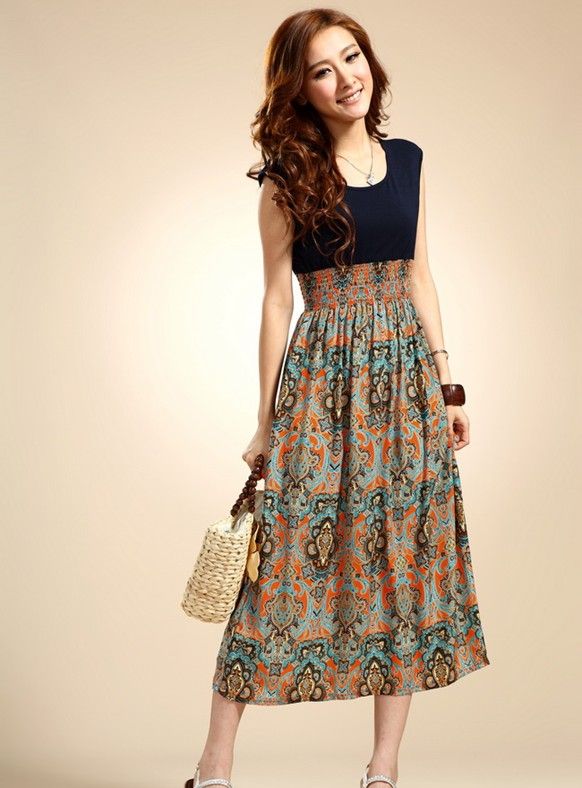 2015 Summer New Chiffon Dresses, Bohemian Retro Pattern Stitching ...