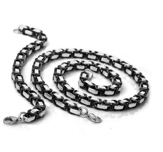 Black silver 7.5mm byzantine chain necklace & bracelet 316L Stainless Steel jewelry set for men's XMAS jewelry,22' and 9''