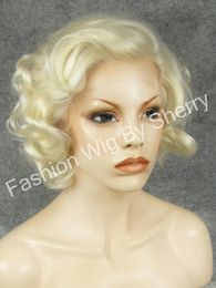 10" Platinum Blonde Wig Curly Blonde Heat Friendly Synthetic Hair Front Lace Wavy Short Wig