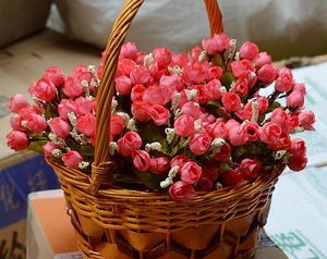 100Pcs cm quot Length Artificial Silk Flowers Simulation Small Tea Bud Mini Rose Thumb Roses Five Stems Per Bush Home Decoration