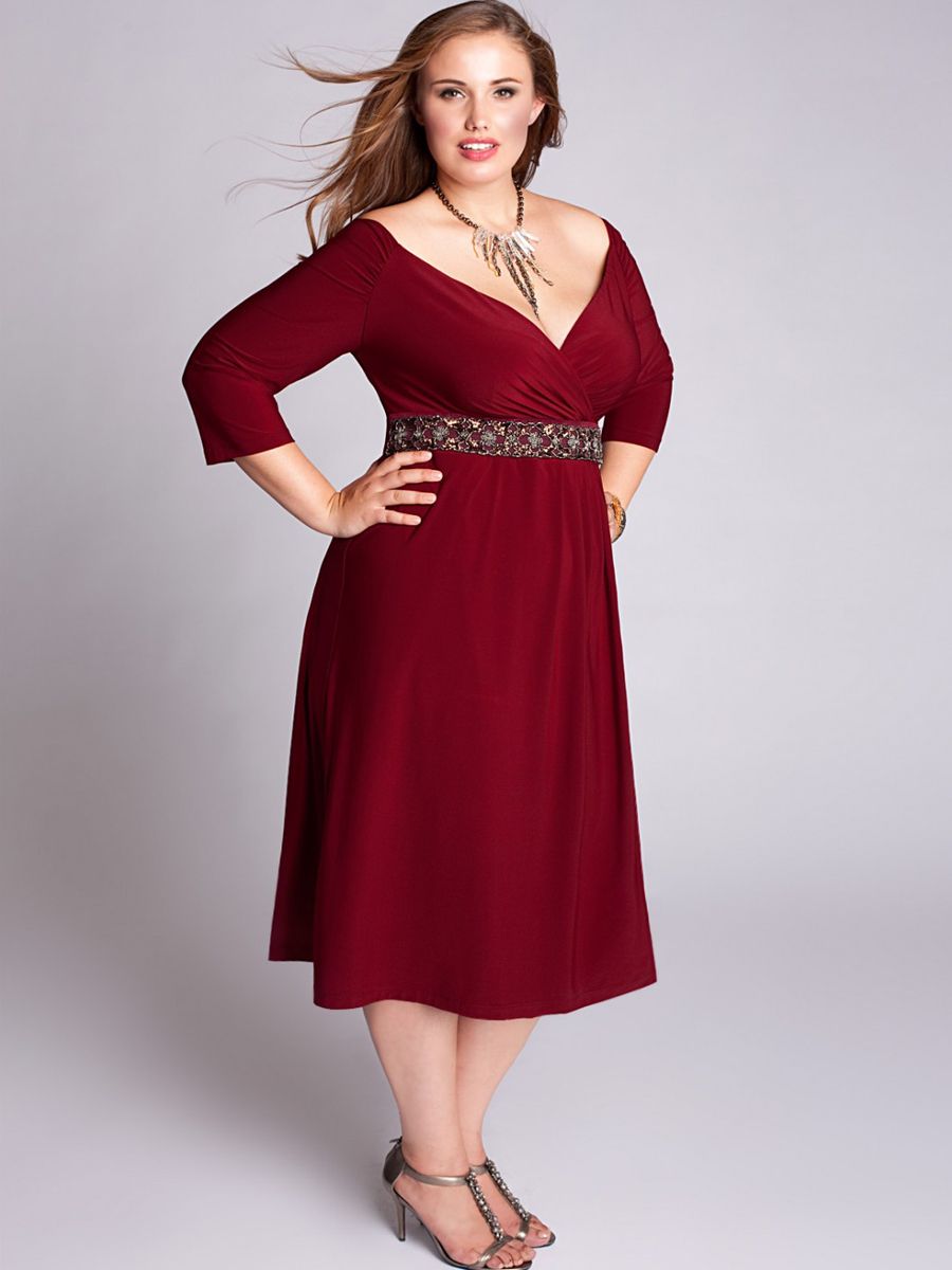 Hot Sale Sexy V Neck Tea Length 3/4 Long Sleeves Burgundy Plus Size ...