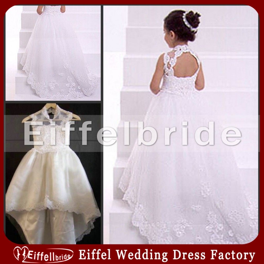 Vit Elfenben Hög Neck Open Back Lace Fairy Prinsessan Flower Girl Dresses Lace Appliques Kids Formal Wedding Party Gowns Tågpärlor för tjejer