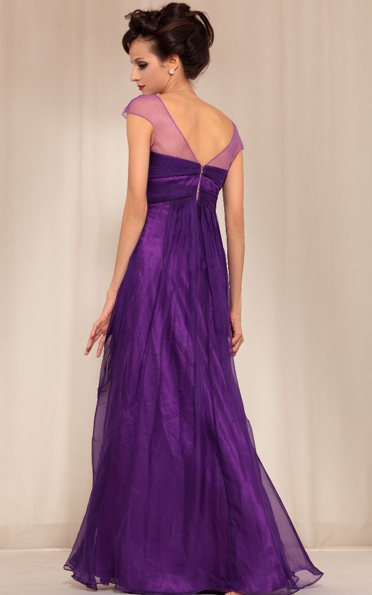 Noble Purple Chiffon Crew Caped Sleeve Long Length Evening Dress With ...