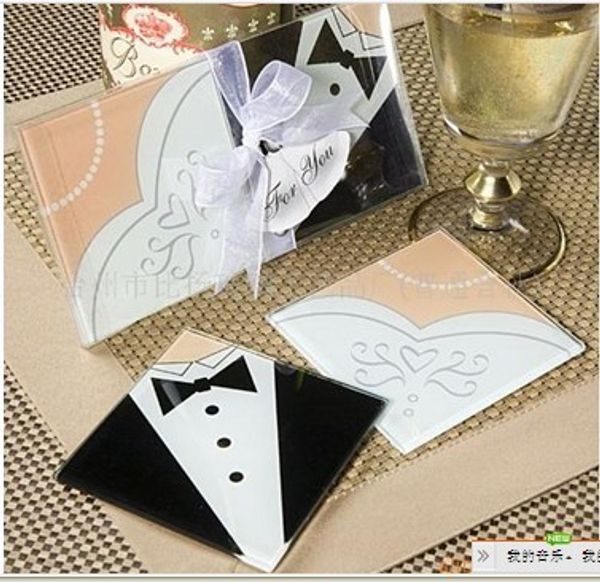 New Arrival Bride Gown Groom Tuxedo Glass Coasters Cup Mat For