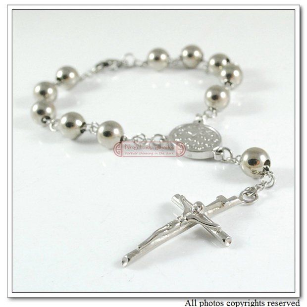 7.4" Stainless steel Rosary Cross Bracelet Religious Fashion jewellery, Catholic, Silver Tone, Wholesale&free shipping WB225