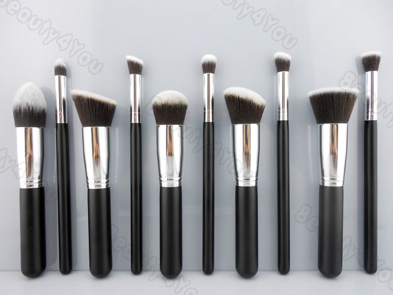 2013 New Hot 10pcs Syntetic Black Bar Silver Tube Makeup Brushes Kit