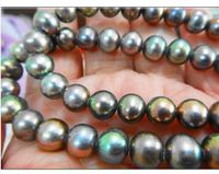 新しい高級純正真珠ジュエリー20 "8-9mm天然タヒチの純正黒緑の多色真珠のネックレス14k