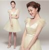간단한 V 넥 뚜껑 슬리브 Bridemaid 드레스 라인 무릎 길이 프릴 레이스 업 새틴과 얇은 웨딩 파티 드레스