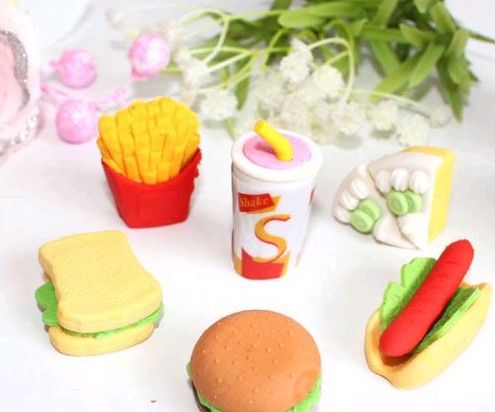 Free EMS DHL Creative 3D Hamburgar Chips Coka Cola Cakes Food Erasers 3D Rubber Pencil Eraser Xmas Gift Each One With Opp Bag