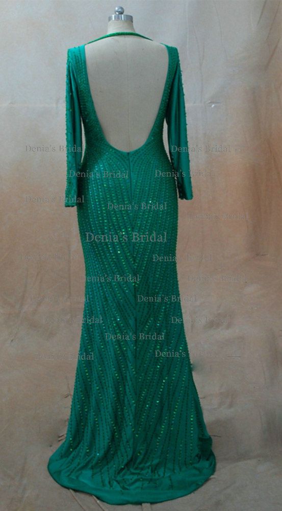 Inspired by 2013 Cannes Claudia Galanti Green Mermaid Backless Celebrity Evening Dresses with Long Sleeves