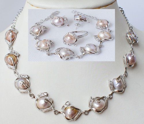 

New Fine Pearl Jewelry Fashion jewellery natural pearl necklace bracelet earring ring set, Pink