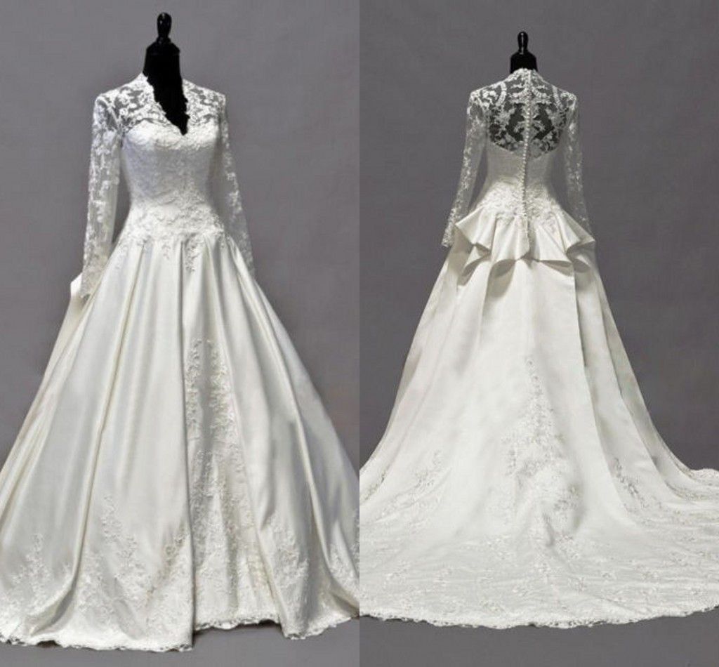 2019 Vintage Kate Middleton Långärmade Fall Bröllopsklänningar A-Line V-Neck Ivory Taffeta Appliques Peplum Bridal Gowns Hot Custom Made