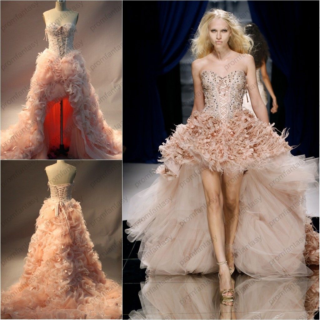 2016 Zuhair Murad Blush Organza Ostrich Feather High Low Celebrity ...