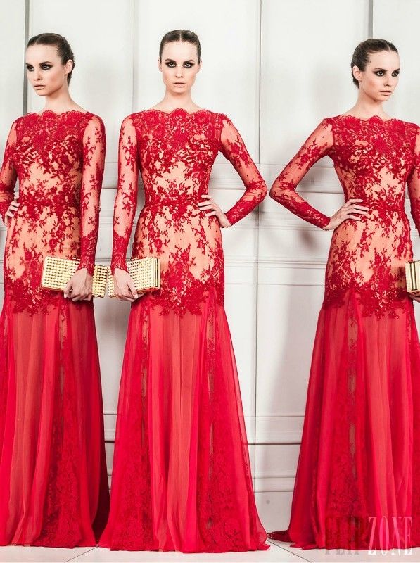 Zuhair Murad 2016 Abendkleider Bateau Red Mermaid Transparente Spitze Langarm Party Pageant Kleider Bodenlangen Tüll Rüschen Reißverschluss