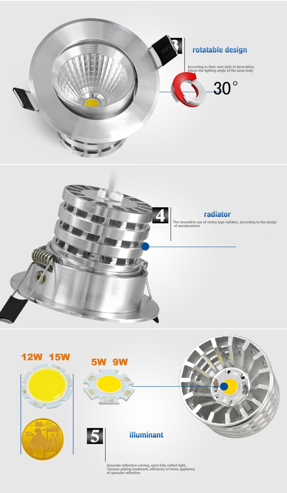 ホットセラー穂軸5w 9w 12w 15w LEDダウンライトフィクスチャの天井ダウンライト暖かい/クール/ナチュラルホワイト4500K装飾的な埋め込みランプDimmable / Non