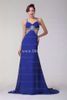 A Line Blue Chiffon V Neck Evening Dresses with Cutaway Crisscross Strap Shinning Rhinestone Floor Length (buy 1 get 1 free pearl necklace)