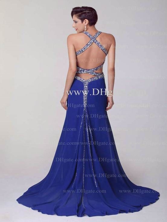 A Line Blue Chiffon V Neck Evening Dresses